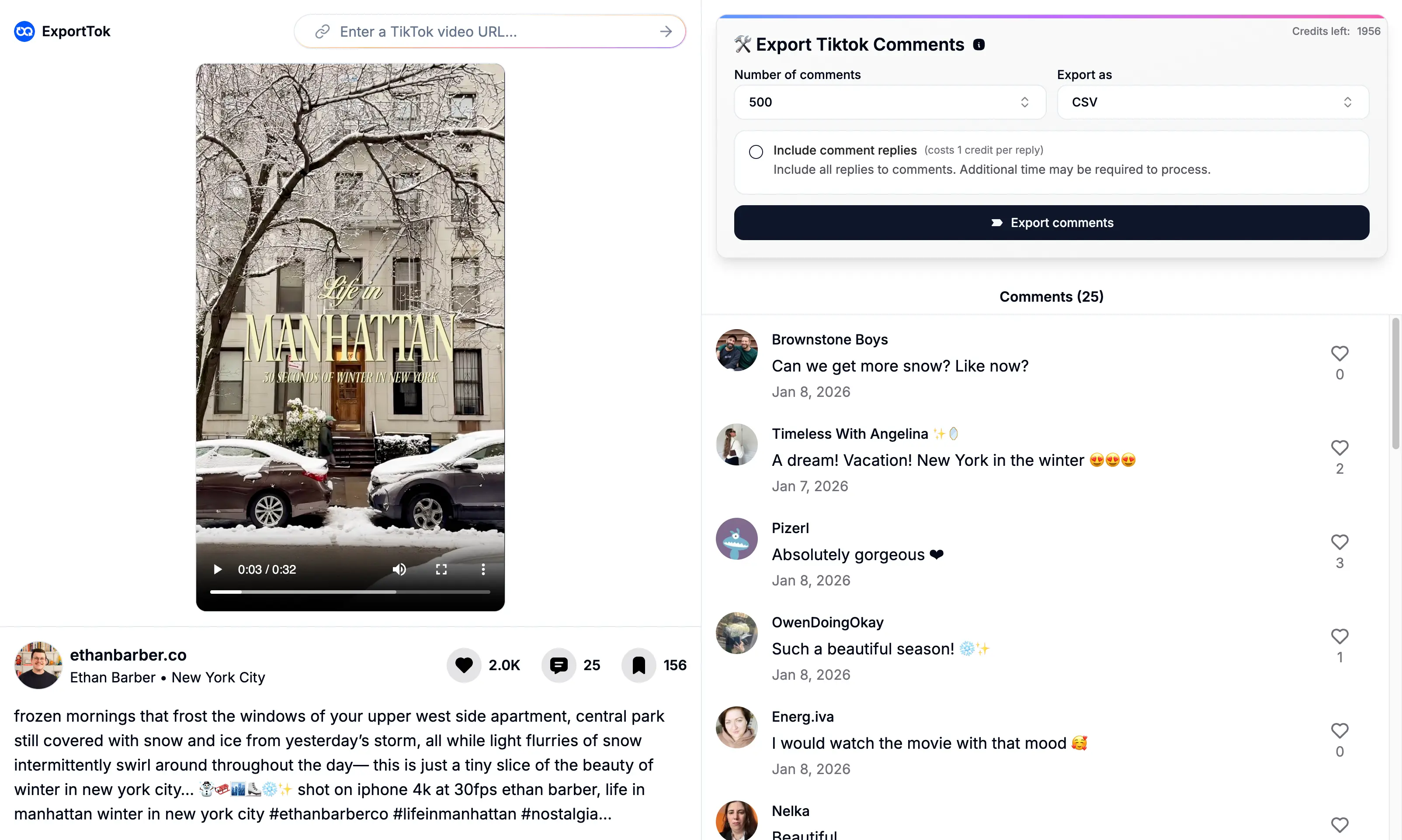 A screenshot of the ExportTok interface